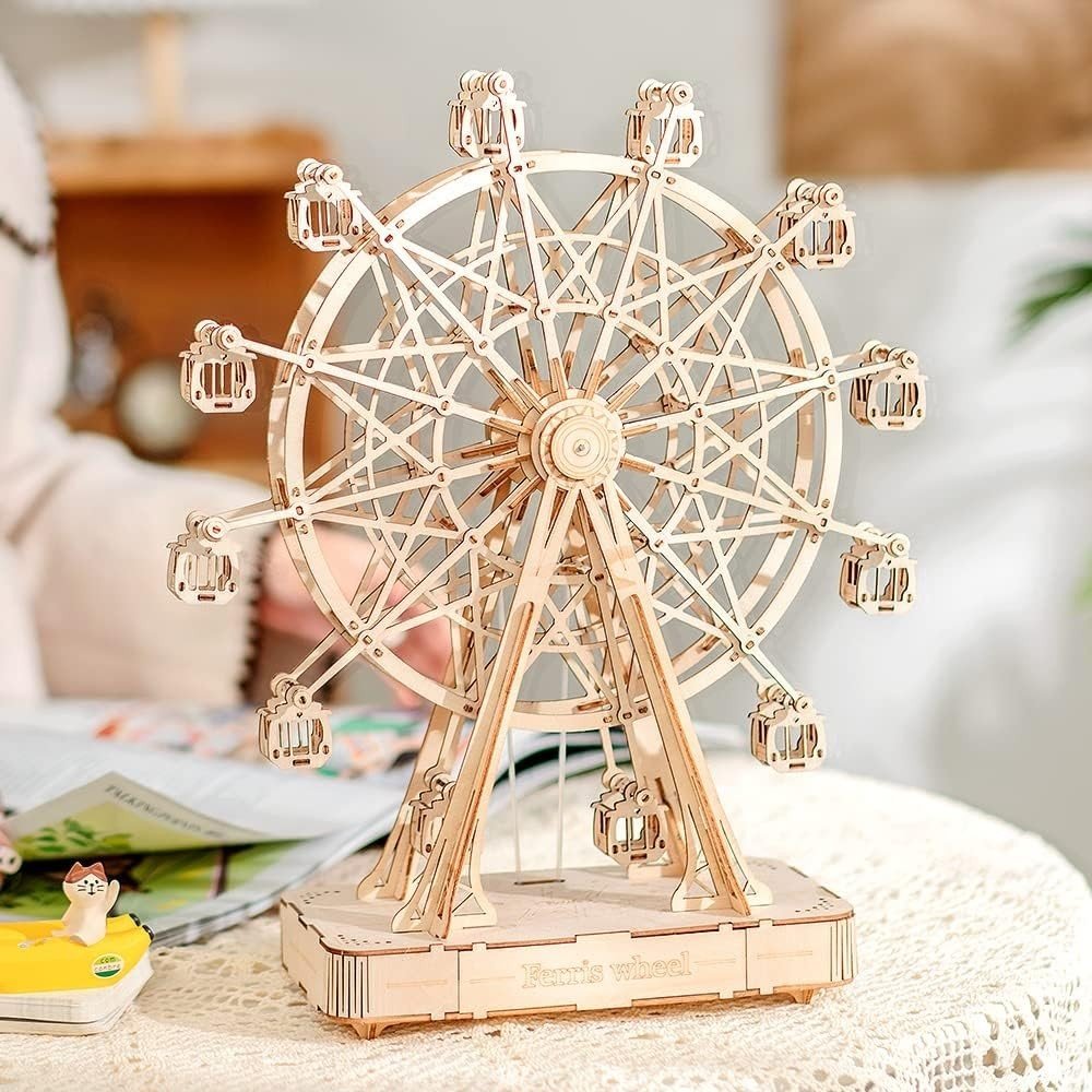 3D Ferris Wheel Music Box Wooden Puzzle Clockwork DIY Decor Gift - Kwikley