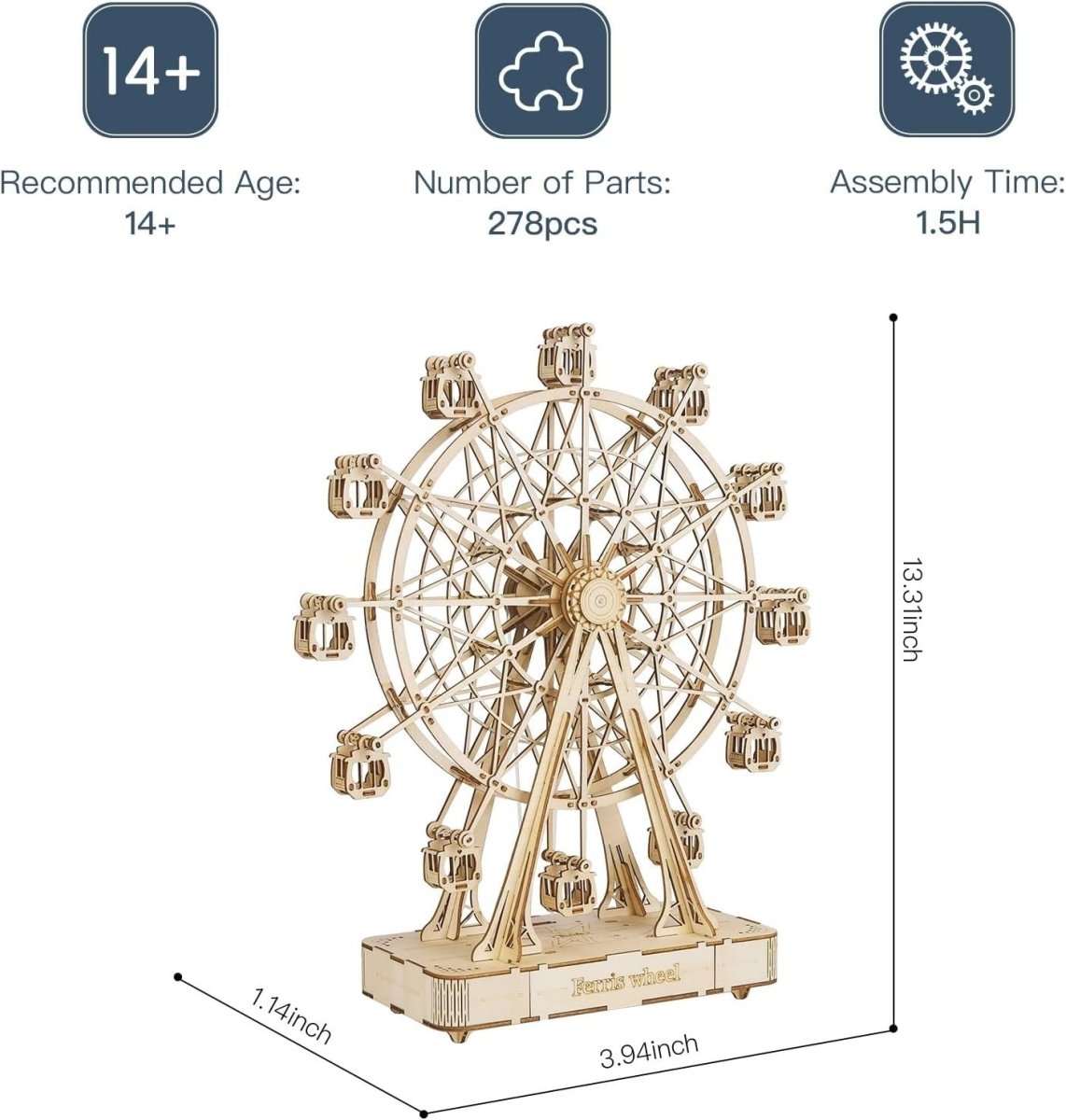 3D Ferris Wheel Music Box Wooden Puzzle Clockwork DIY Decor Gift - Kwikley