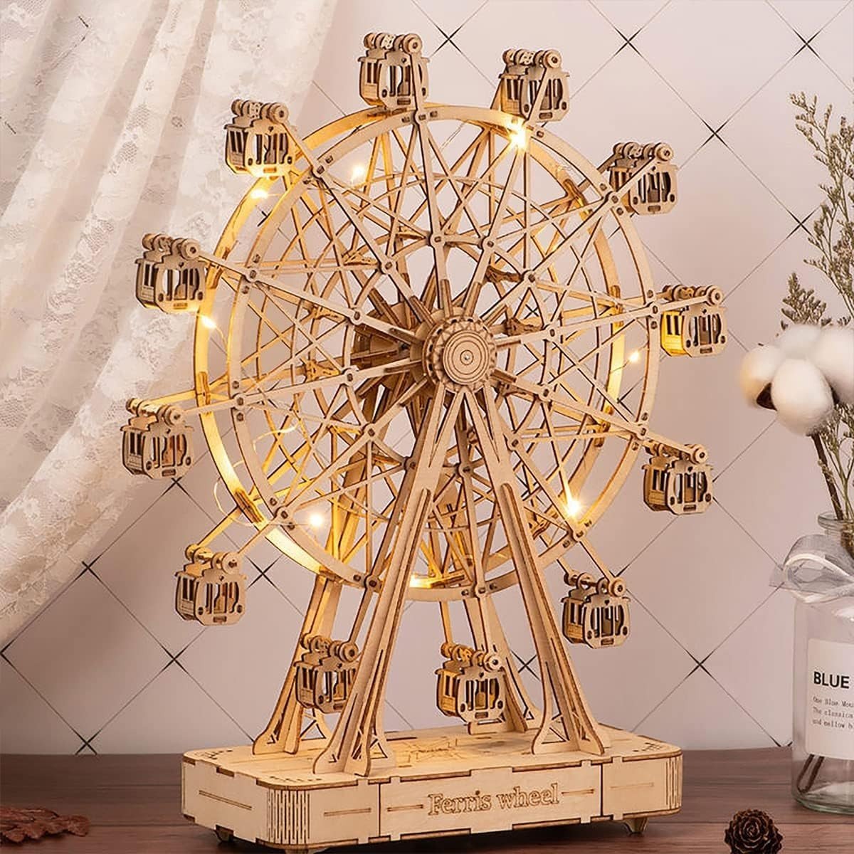 3D Ferris Wheel Music Box Wooden Puzzle Clockwork DIY Decor Gift - Kwikley