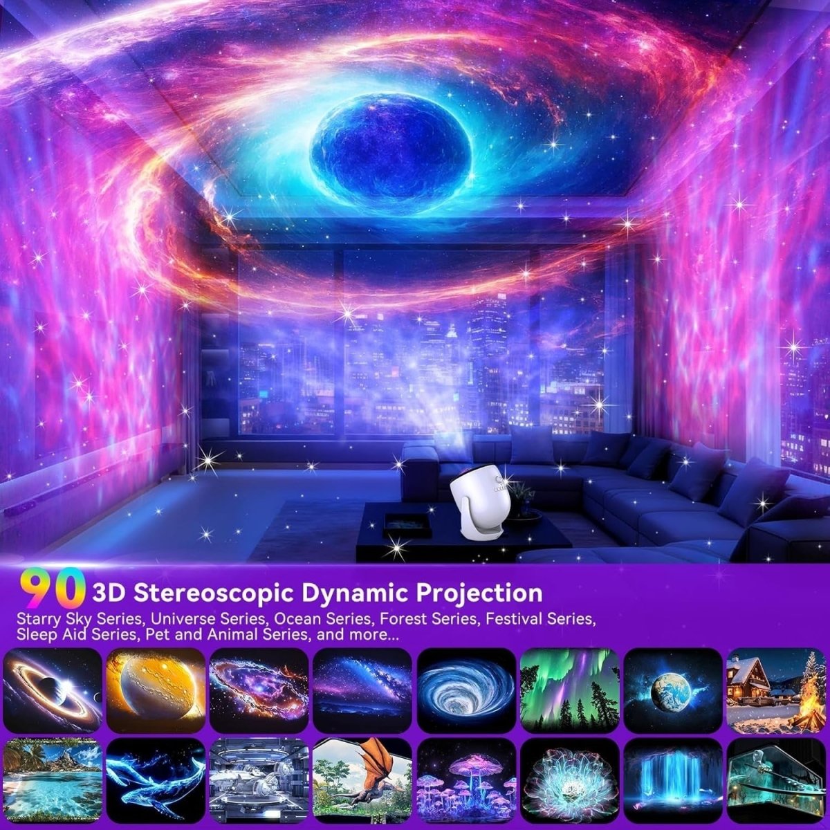 3D Galaxy Star Projector Bluetooth White Noise 99+ Effects Ceiling - Kwikley