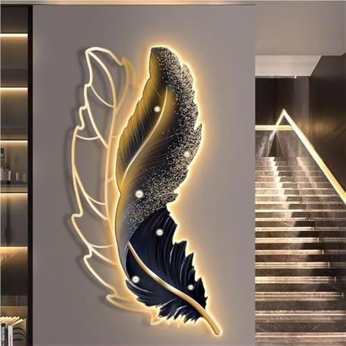 3D LED Feather Wall Art 100x50cm Modern Lighted Metal Decor - Kwikley