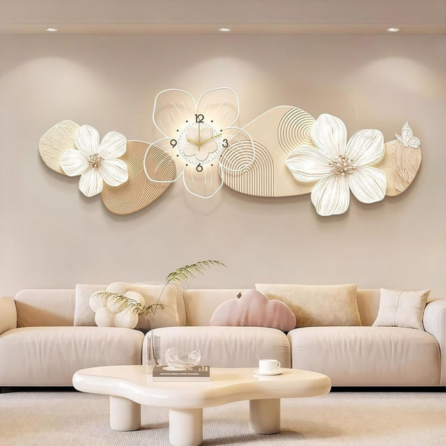 3D LED Wall Clock Flower Decor Silent Quartz Hanging Art Beige