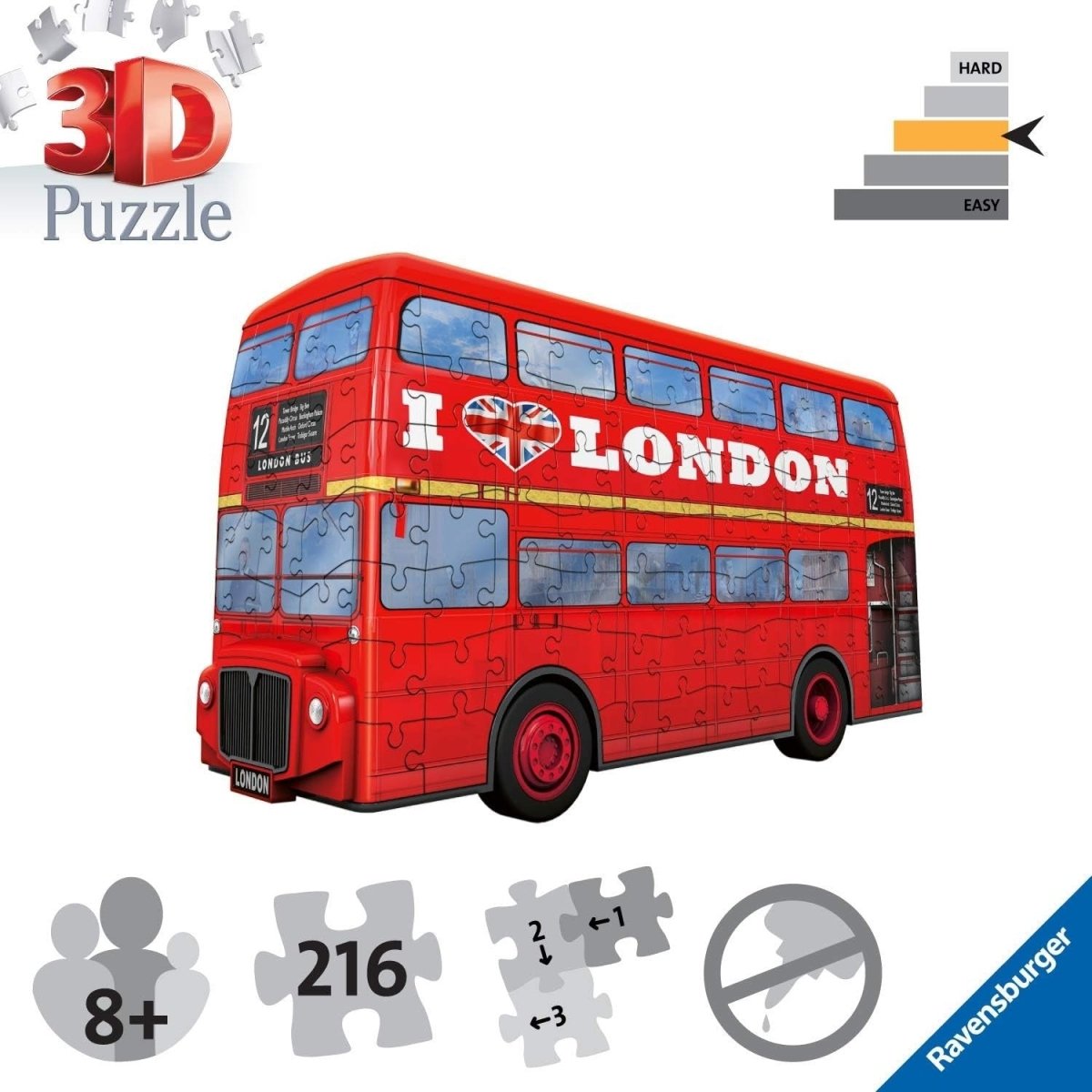 3D London Bus Puzzle 216 Piece Building Model Kit Kids Adults No Glue - Kwikley
