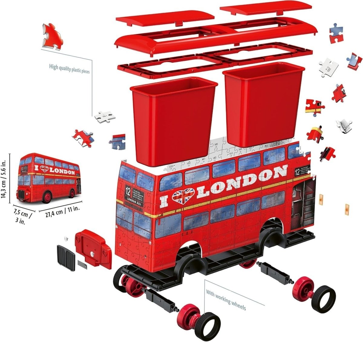 3D London Bus Puzzle 216 Piece Building Model Kit Kids Adults No Glue - Kwikley