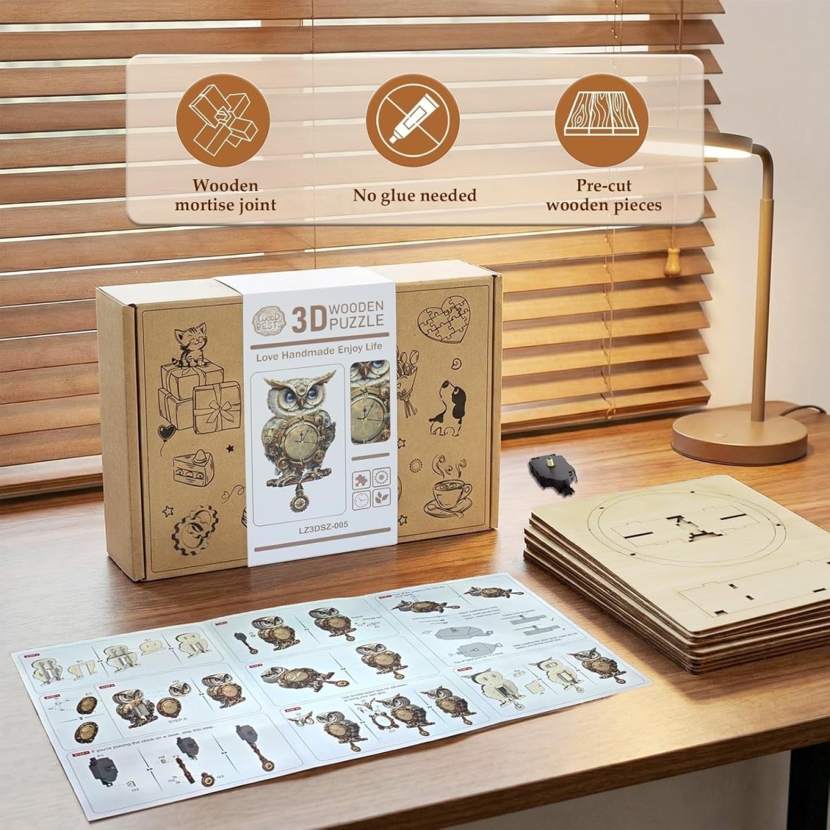 3D Mechanical Owl Clock Puzzle Wooden Pendulum Wall Decor DIY Kit - Kwikley
