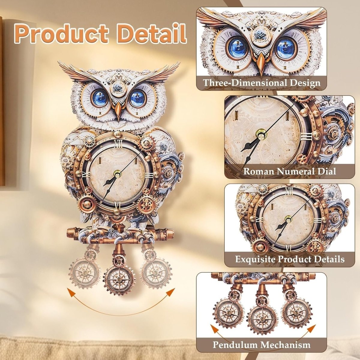 3D Mechanical Owl Clock Puzzle Wooden Pendulum Wall Decor DIY Kit - Kwikley