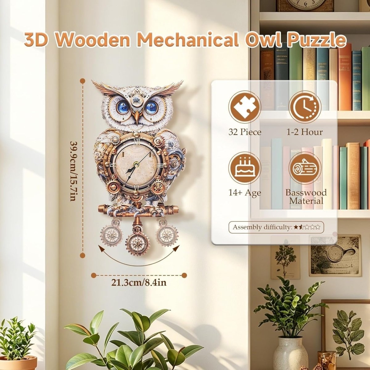 3D Mechanical Owl Clock Puzzle Wooden Pendulum Wall Decor DIY Kit - Kwikley