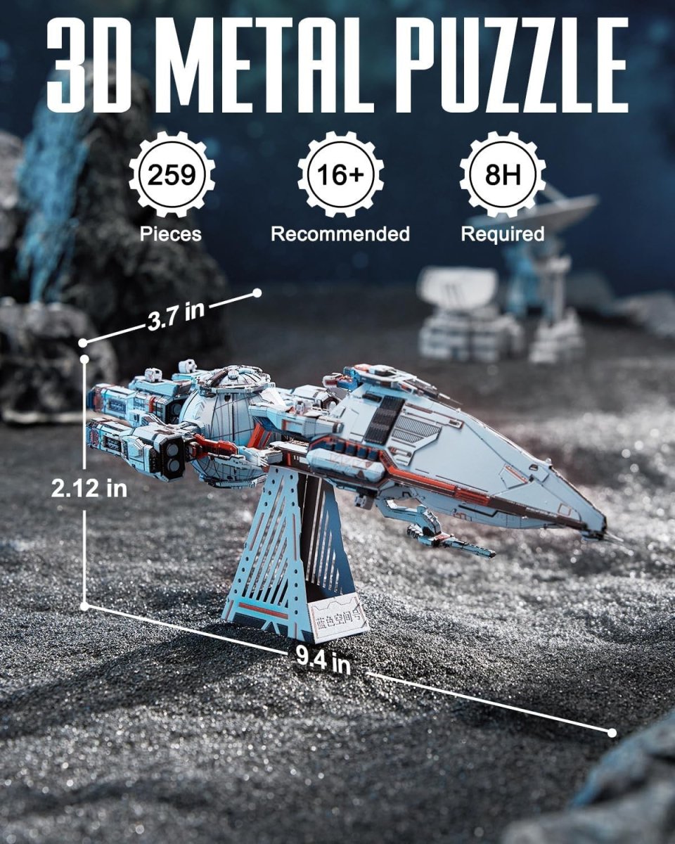 3D Metal Blue Space Starship Puzzle Kit 259PCS Sci-Fi DIY Model - Kwikley
