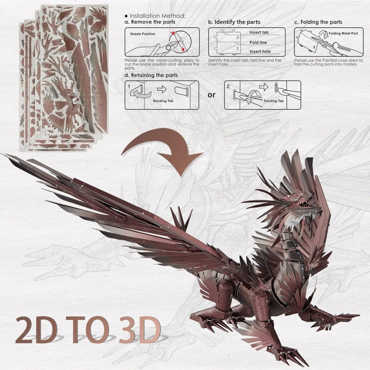 3D Metal Dragon Puzzle DIY Stainless Steel Model Kit 203PCS Display - Kwikley