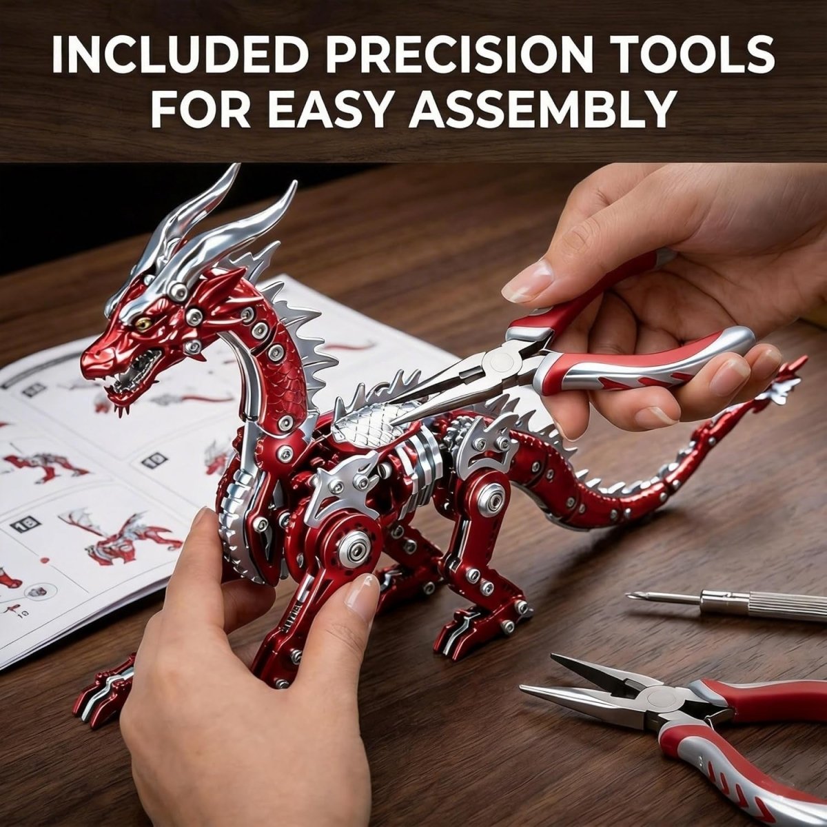 3D Metal Dragon Puzzle Kit 313PCS Red Steampunk DIY Model Decor - Kwikley