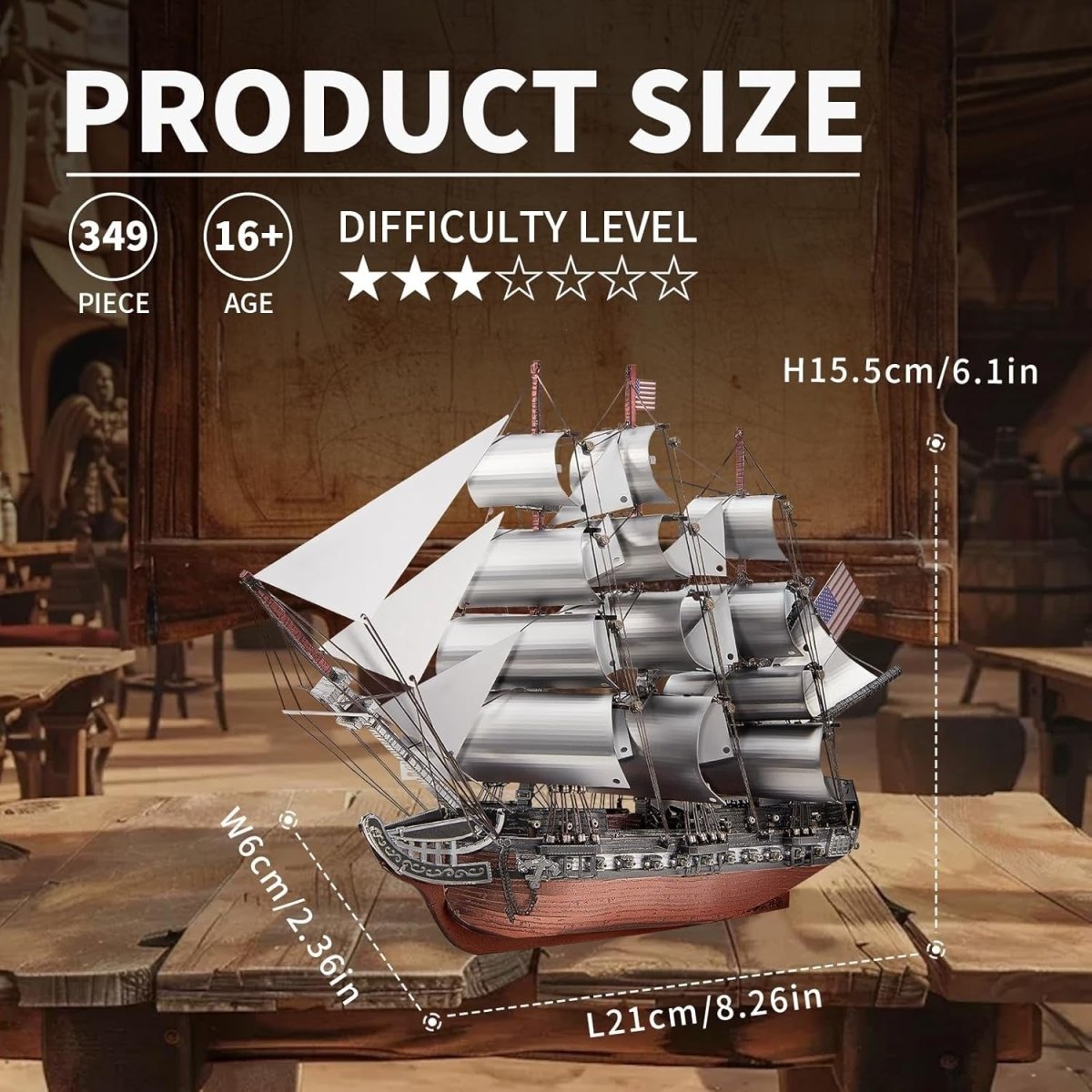 3D Metal Frigate Ship Model Kit Stainless Steel Sailboat Puzzle 349PCS - Kwikley