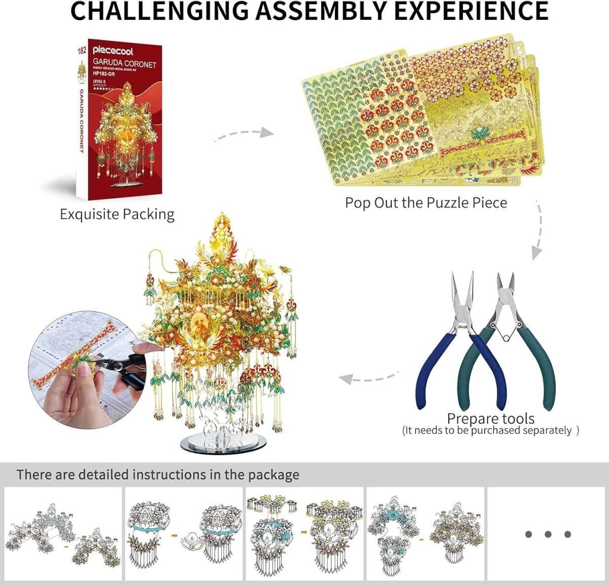 3D Metal Garuda Crown Puzzle Kit 522PCS DIY Stainless Steel Decor - Kwikley