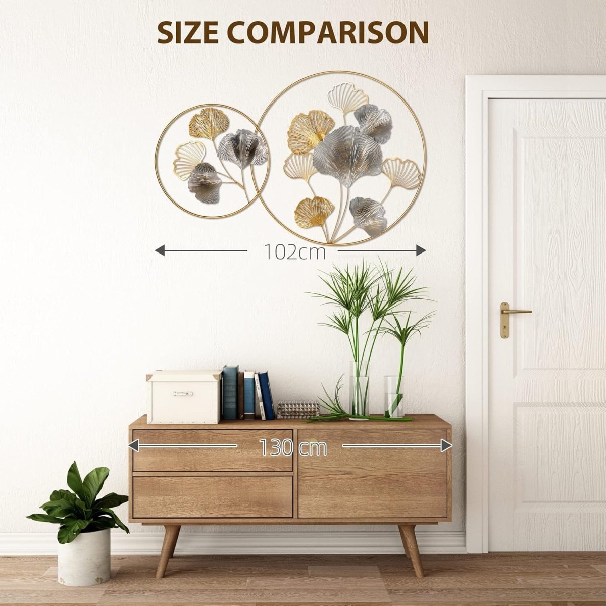 3D Metal Ginkgo Leaf Wall Art Gold Circle Frame Decor - Kwikley