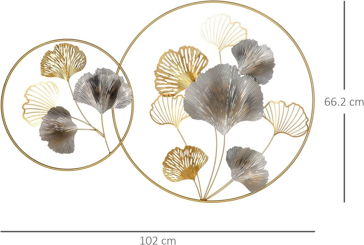 3D Metal Ginkgo Leaf Wall Art Gold Circle Frame Decor - Kwikley