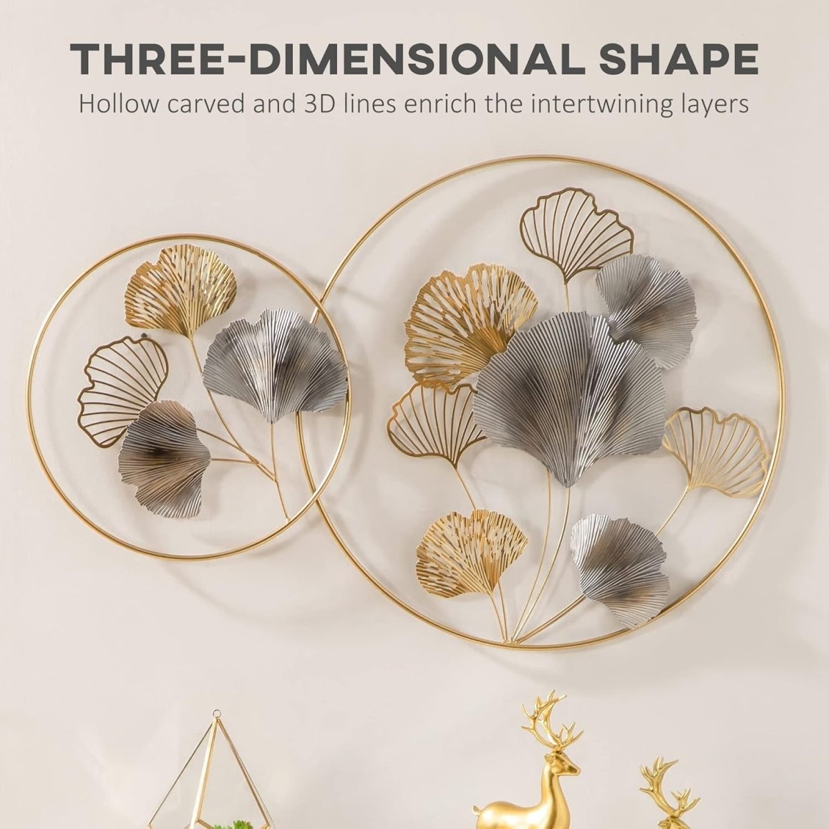 3D Metal Ginkgo Leaf Wall Art Gold Circle Frame Decor - Kwikley