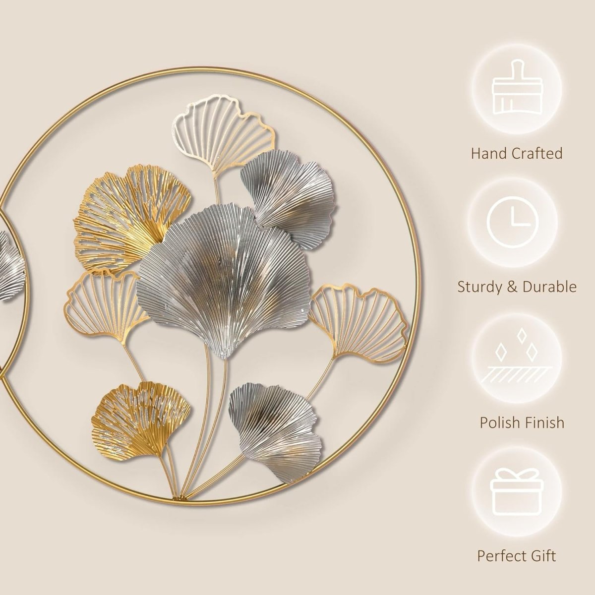 3D Metal Ginkgo Leaf Wall Art Gold Circle Frame Decor - Kwikley