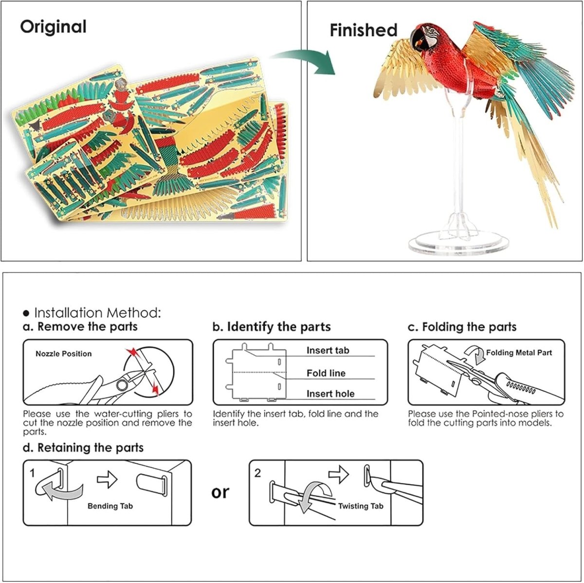 3D Metal Macaw Parrot Puzzle Model Kit DIY Collectible Home Decor - Kwikley