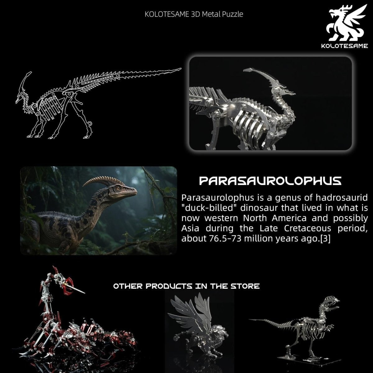 3D Metal Parasaurus Skeleton Puzzle DIY Dinosaur Model Kit Gift - Kwikley