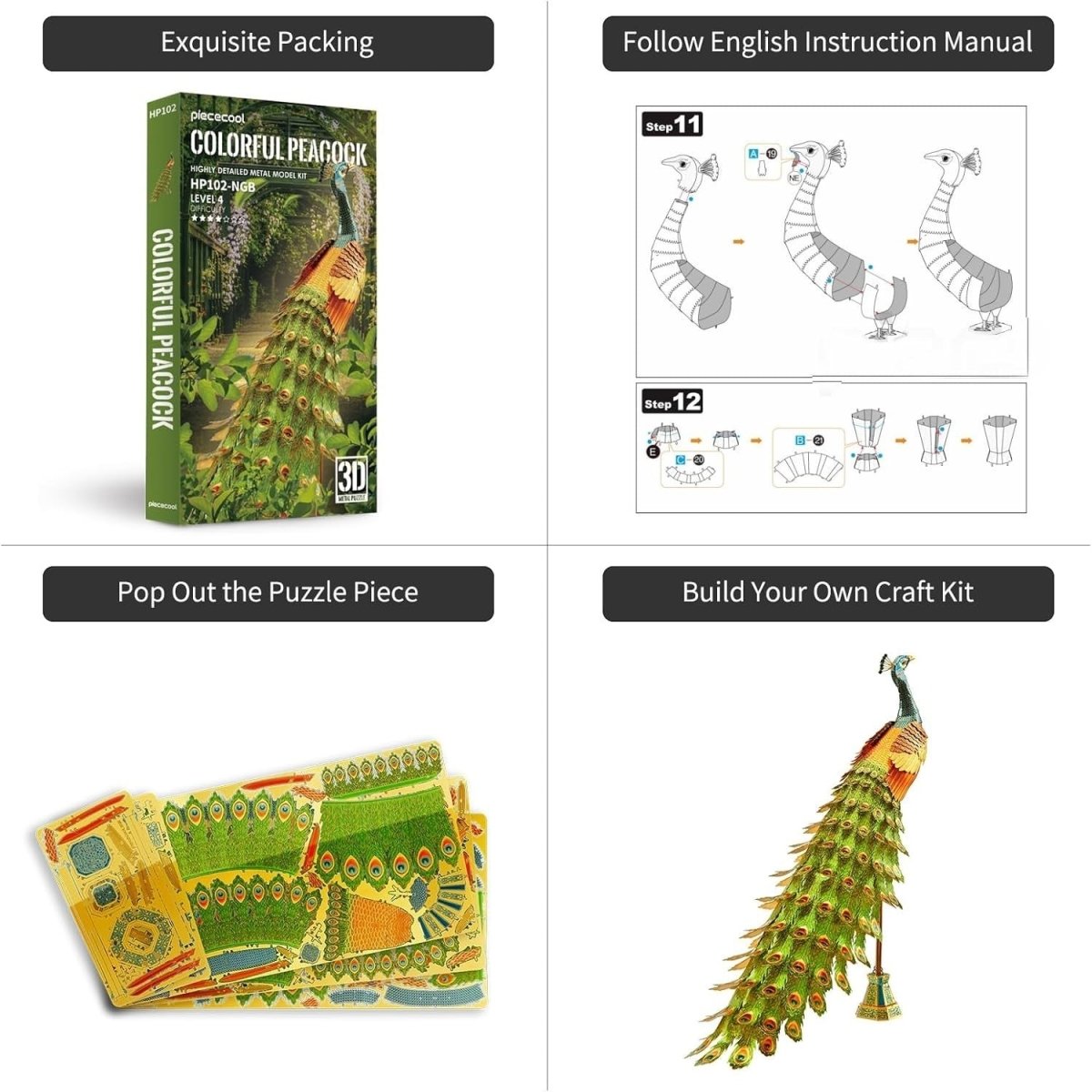 3D Metal Peacock Puzzle Model Kit DIY Stainless Steel Home Decor Gift - Kwikley