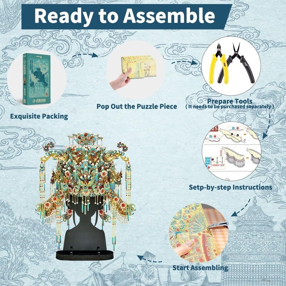 3D Metal Phoenix Tiara Puzzle Kit 748PCS DIY Stainless Steel Decor - Kwikley