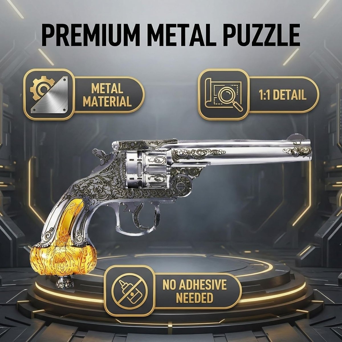 3D Metal Revolver Puzzle Model Kit Stainless Steel DIY Display Build - Kwikley