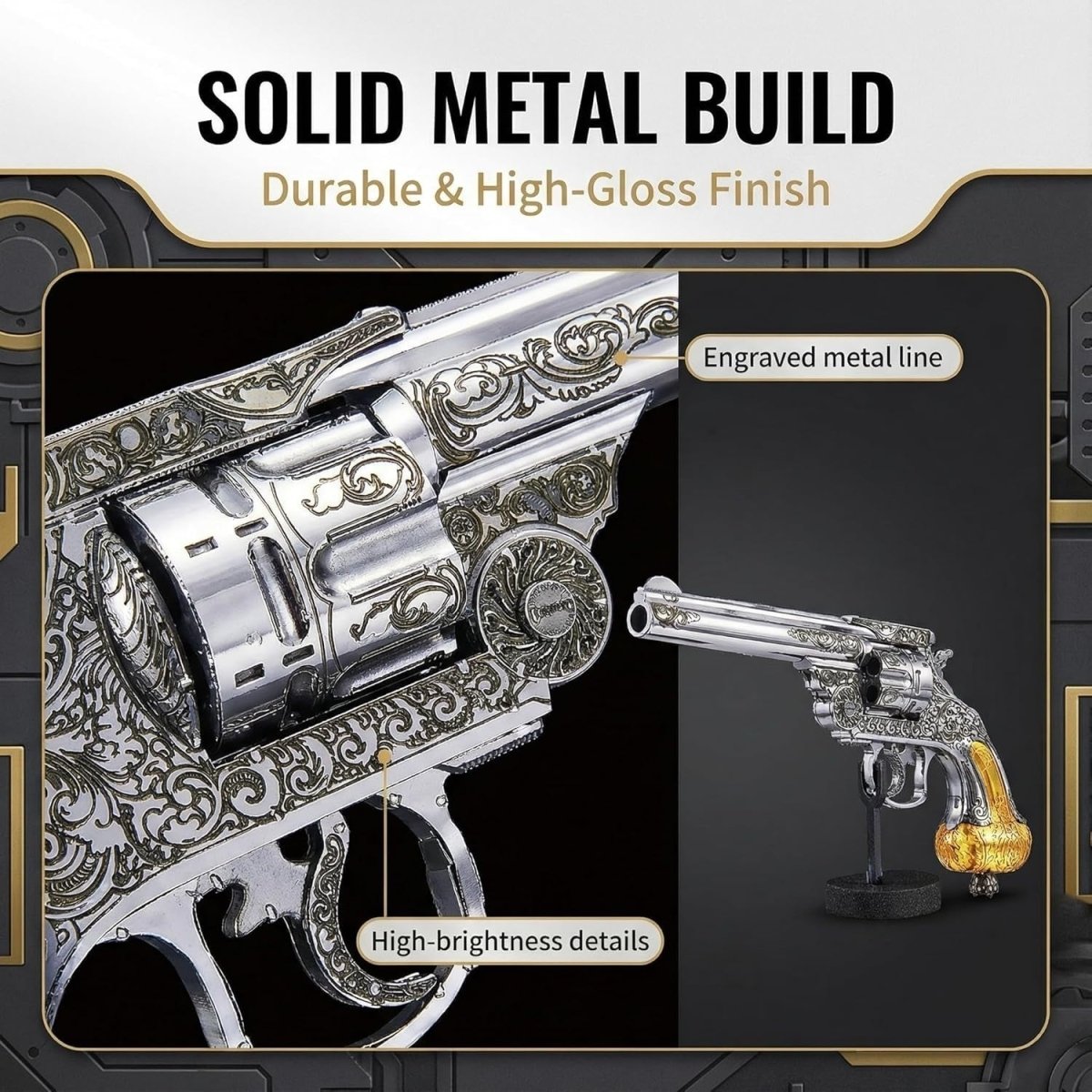 3D Metal Revolver Puzzle Model Kit Stainless Steel DIY Display Build - Kwikley