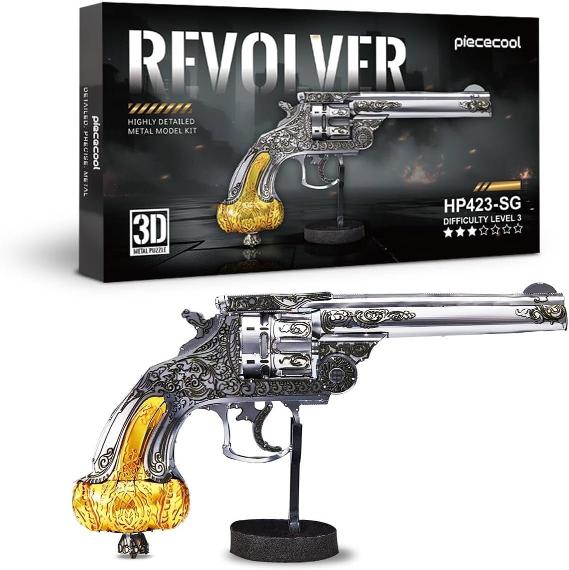 3D Metal Revolver Puzzle Model Kit Stainless Steel DIY Display Build - Kwikley
