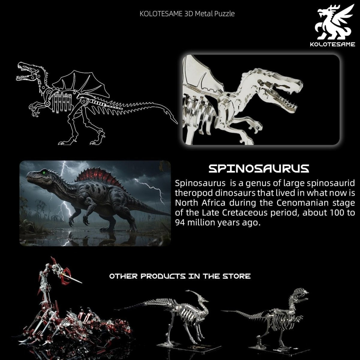 3D Metal Spinosaurus Skeleton Puzzle DIY Dinosaur Model Kit Gift - Kwikley