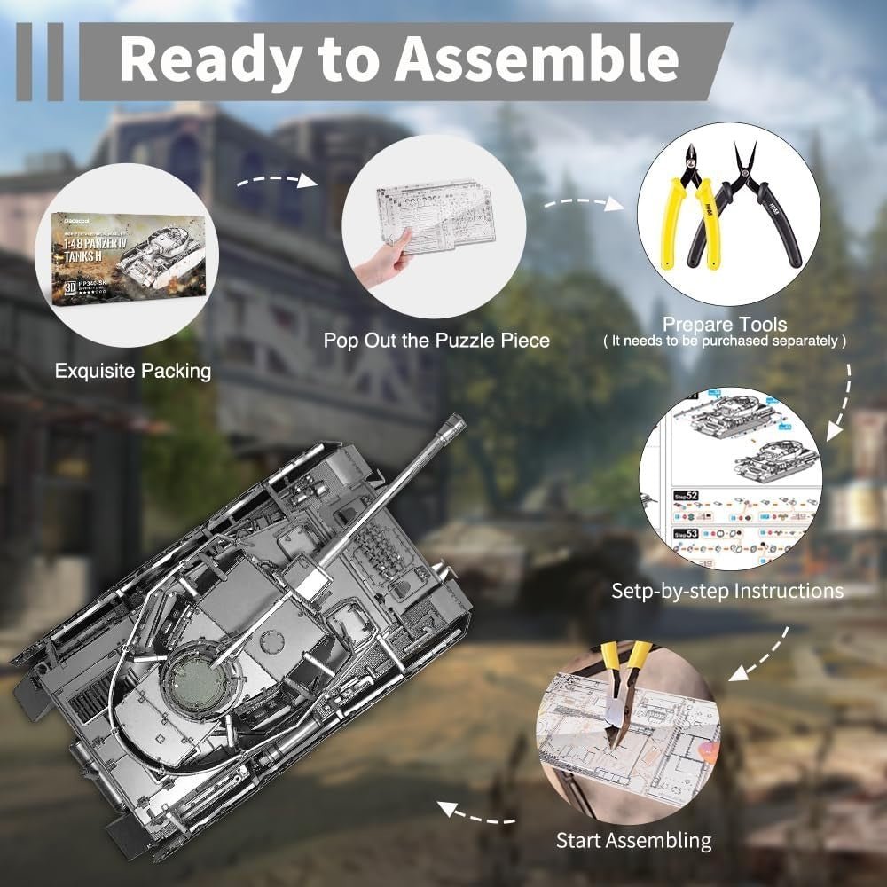3D Metal Tank Puzzle Kit 433PCS Military Model DIY Stainless Steel - Kwikley