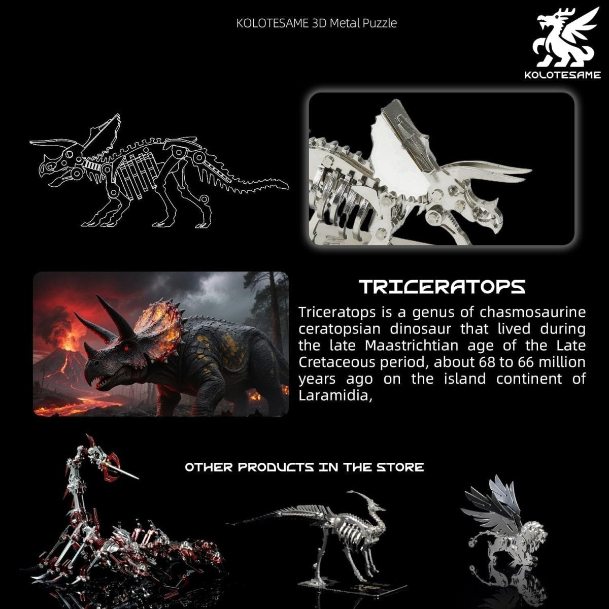 3D Metal Triceratops Skeleton Puzzle DIY Dinosaur Model Kit Gift - Kwikley