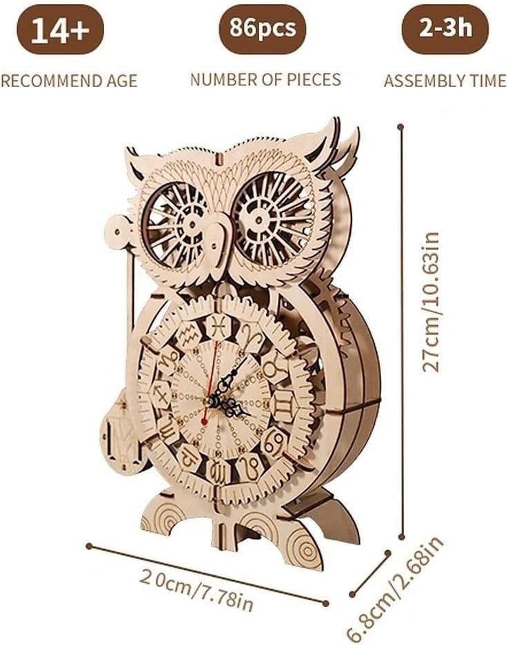 3D Owl Clock Wooden Puzzle Mechanical Pendulum Model Kit DIY Gift - Kwikley