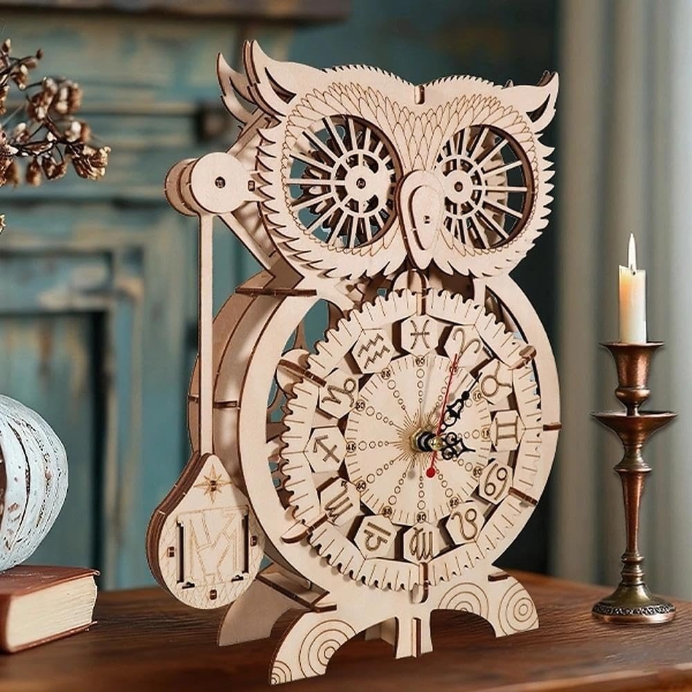 3D Owl Clock Wooden Puzzle Mechanical Pendulum Model Kit DIY Gift - Kwikley