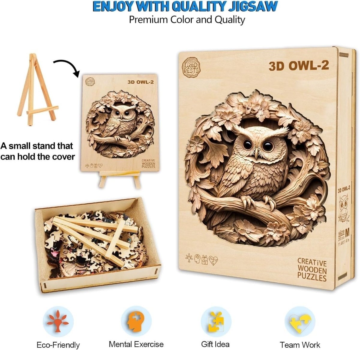 3D Owl Wooden Puzzle 290 Piece Animal Jigsaw with Gift Box Decor - Kwikley