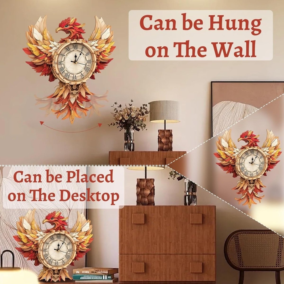 3D Phoenix Wall Clock Puzzle Wooden Pendulum DIY Home Decor Gift - Kwikley