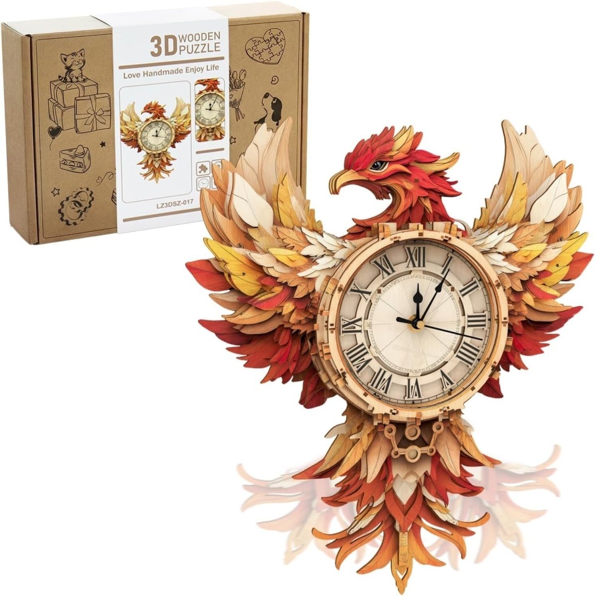 3D Phoenix Wall Clock Puzzle Wooden Pendulum DIY Home Decor Gift - Kwikley