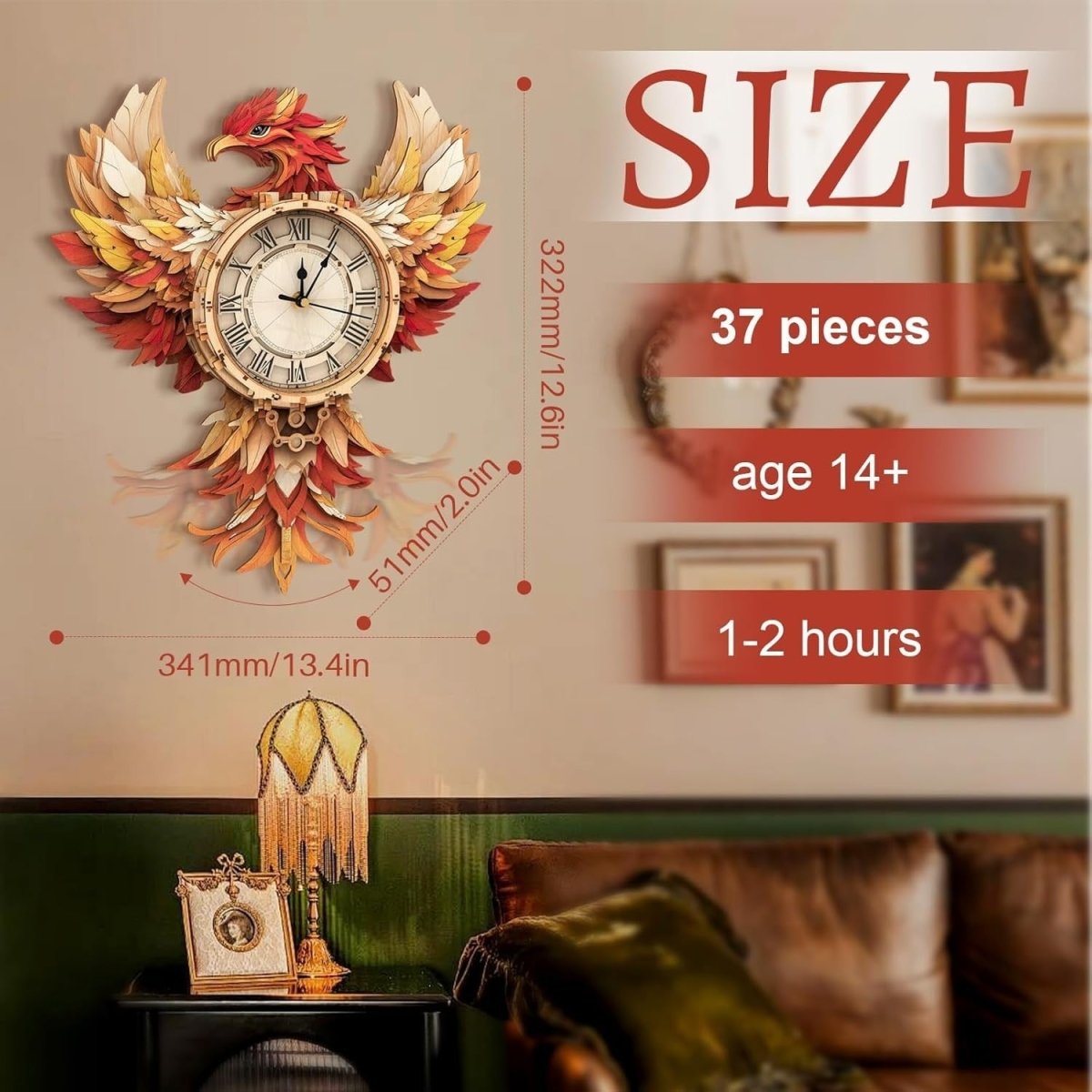 3D Phoenix Wall Clock Puzzle Wooden Pendulum DIY Home Decor Gift - Kwikley