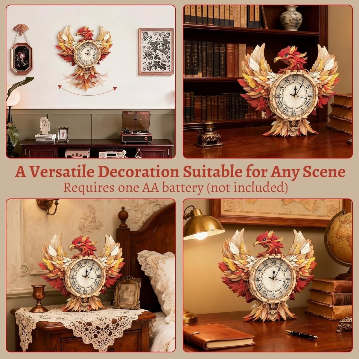 3D Phoenix Wall Clock Puzzle Wooden Pendulum DIY Home Decor Gift - Kwikley