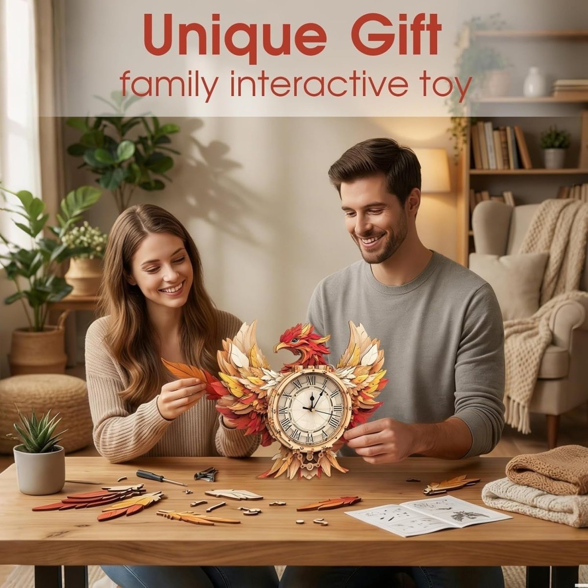3D Phoenix Wall Clock Puzzle Wooden Pendulum DIY Home Decor Gift - Kwikley