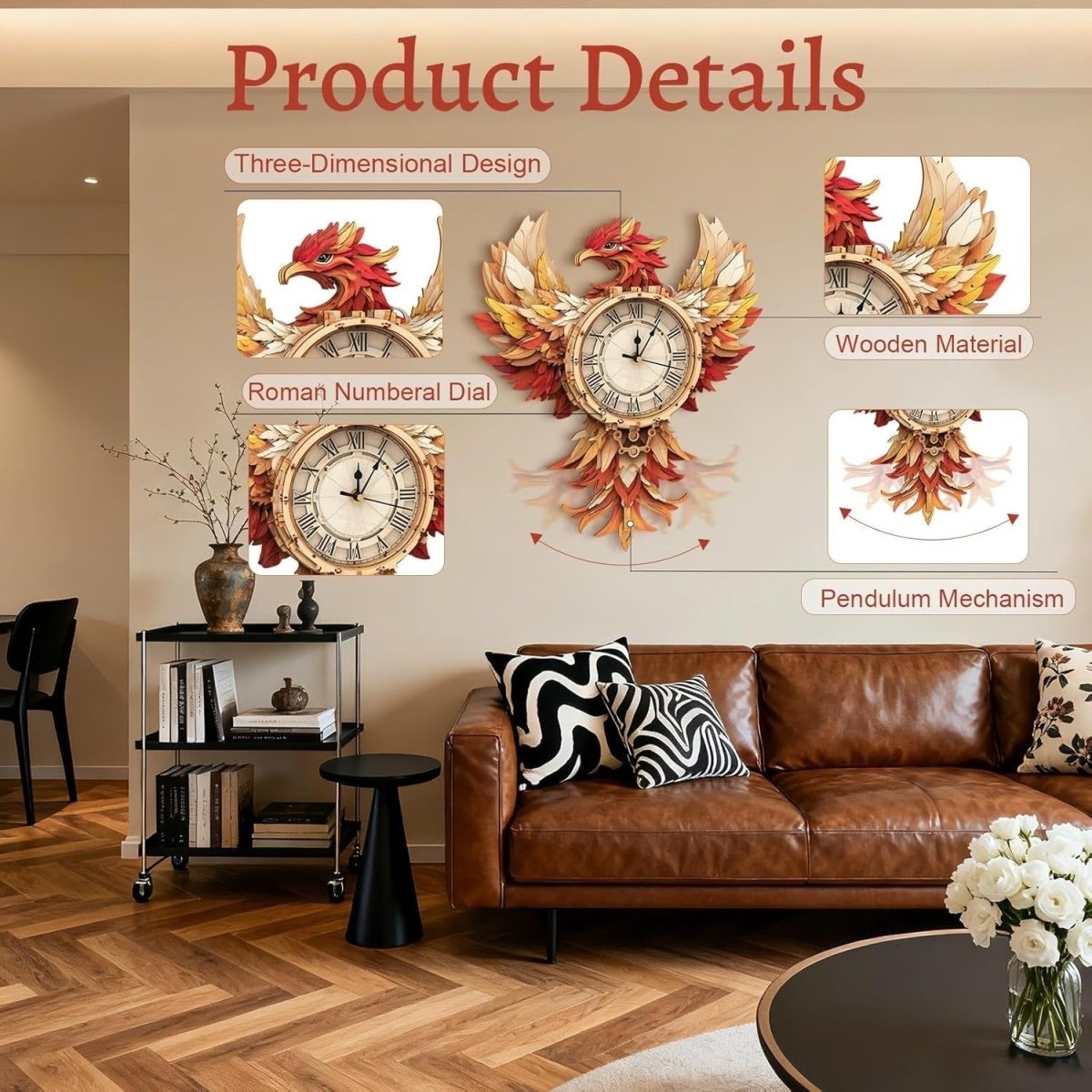 3D Phoenix Wall Clock Puzzle Wooden Pendulum DIY Home Decor Gift - Kwikley