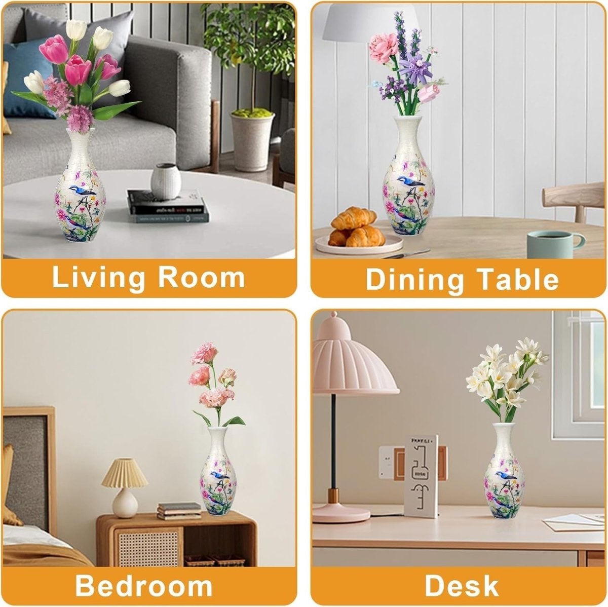 3D Puzzle Flower Vase Kit 160PCS Peony Bird Curved Plastic Decor - Kwikley
