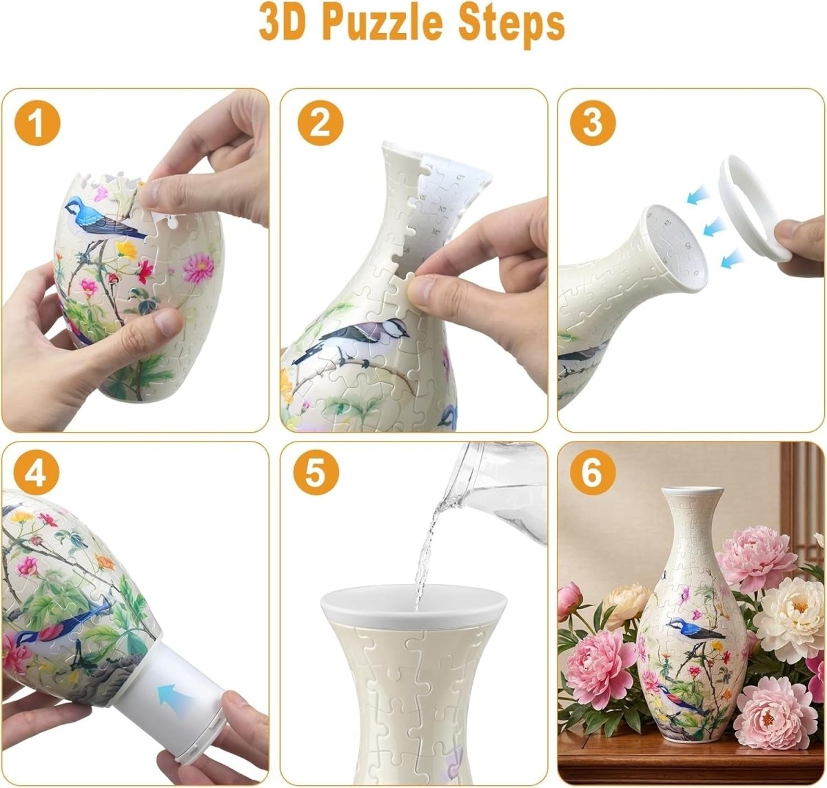 3D Puzzle Flower Vase Kit 160PCS Peony Bird Curved Plastic Decor - Kwikley