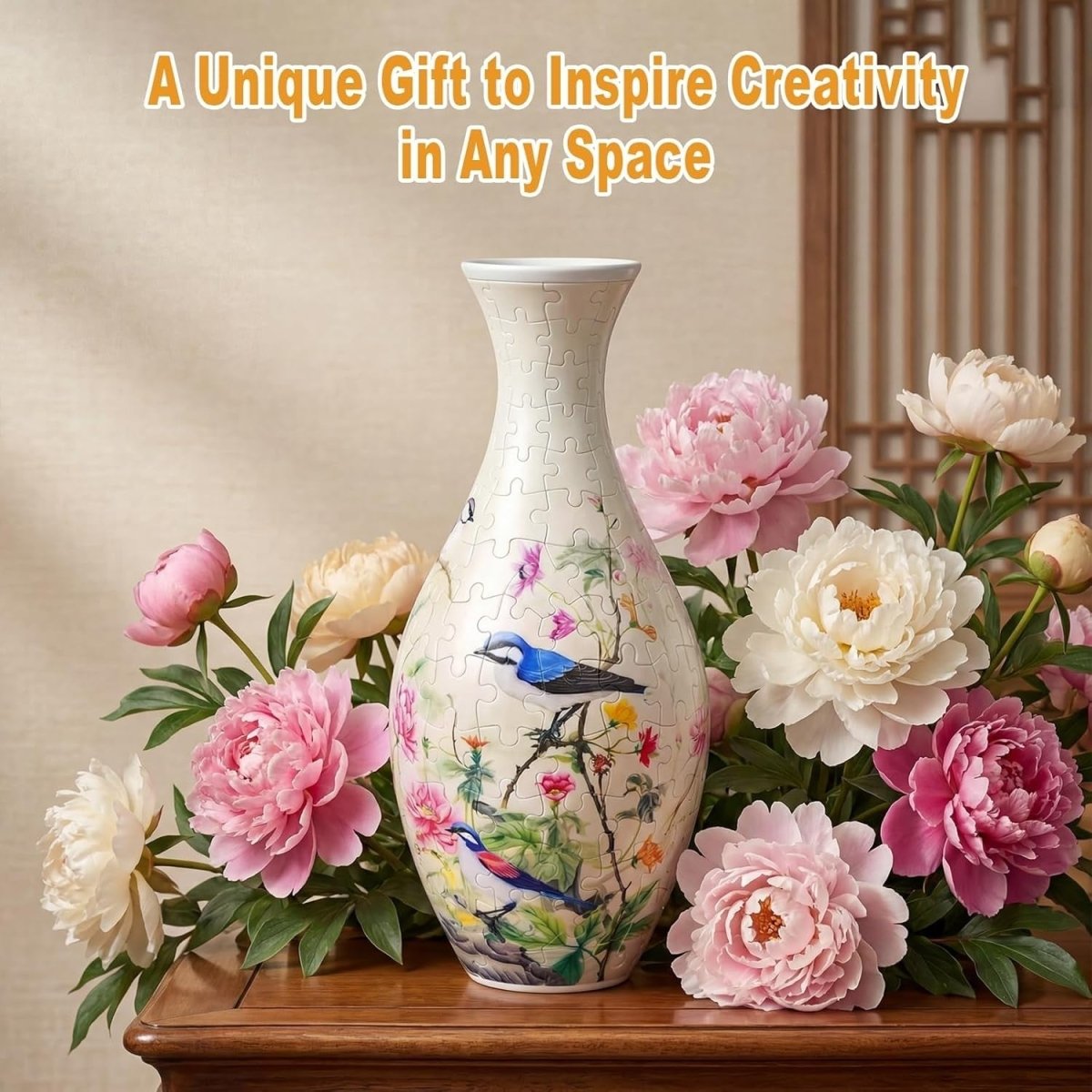 3D Puzzle Flower Vase Kit 160PCS Peony Bird Curved Plastic Decor - Kwikley
