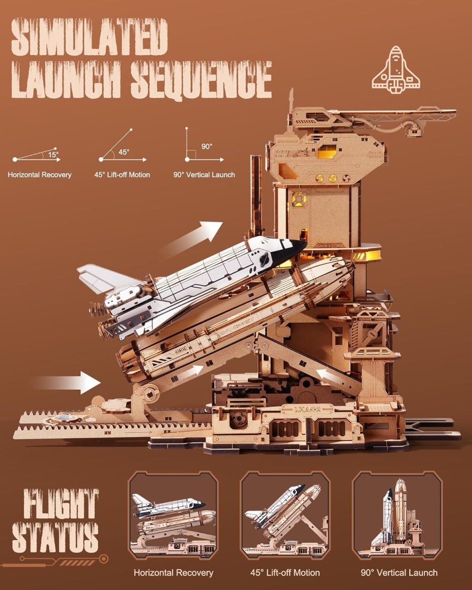 3D Space Shuttle Launch Model Kit DIY Wooden Puzzle w Lights Motion - Kwikley