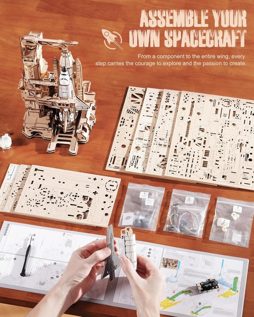 3D Space Shuttle Launch Model Kit DIY Wooden Puzzle w Lights Motion - Kwikley