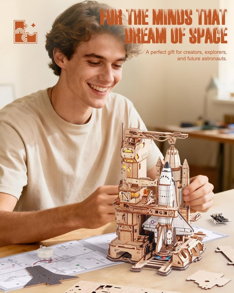 3D Space Shuttle Launch Model Kit DIY Wooden Puzzle w Lights Motion - Kwikley