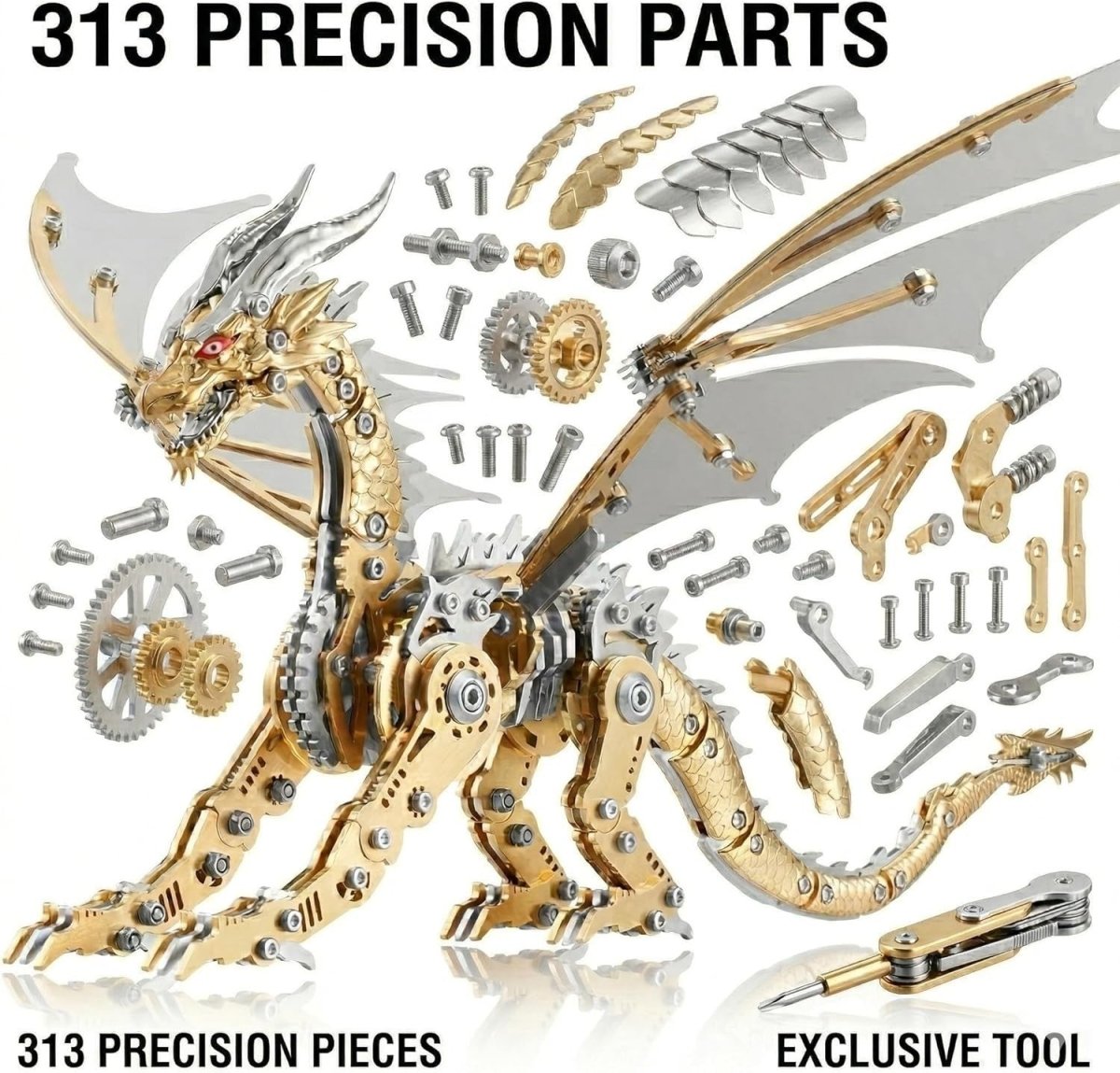 3D Stainless Steel Dragon Puzzle DIY Mechanical Model Kit Gold 313PCS - Kwikley