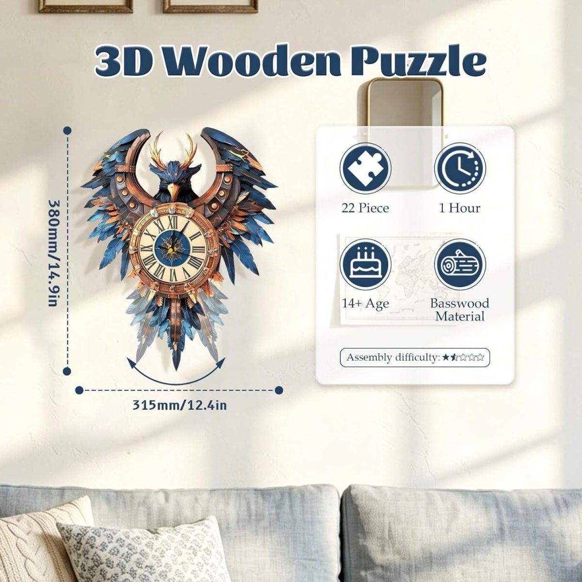 3D Thunderbird Wall Clock Puzzle Wooden Mechanical DIY Home Decor - Kwikley