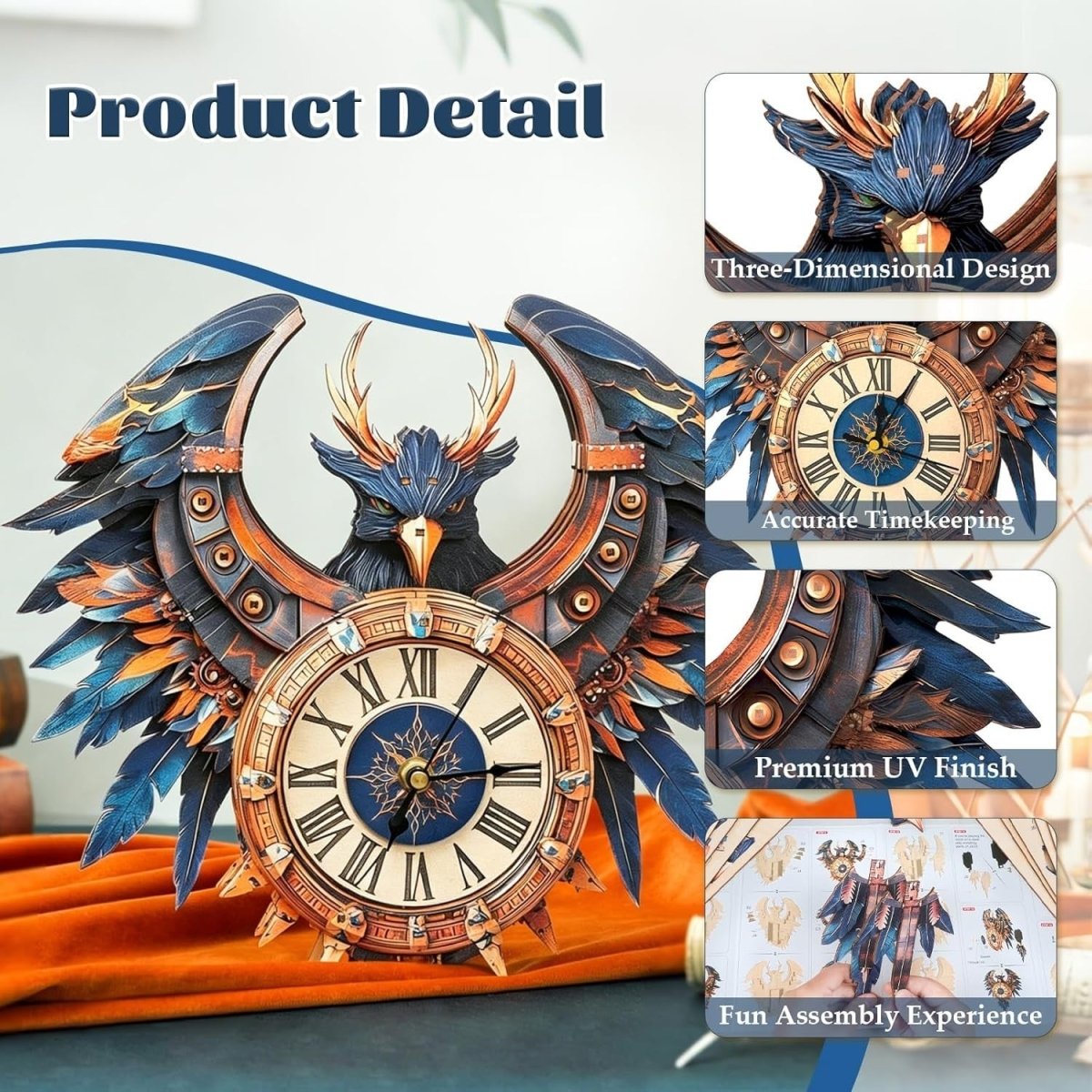 3D Thunderbird Wall Clock Puzzle Wooden Mechanical DIY Home Decor - Kwikley