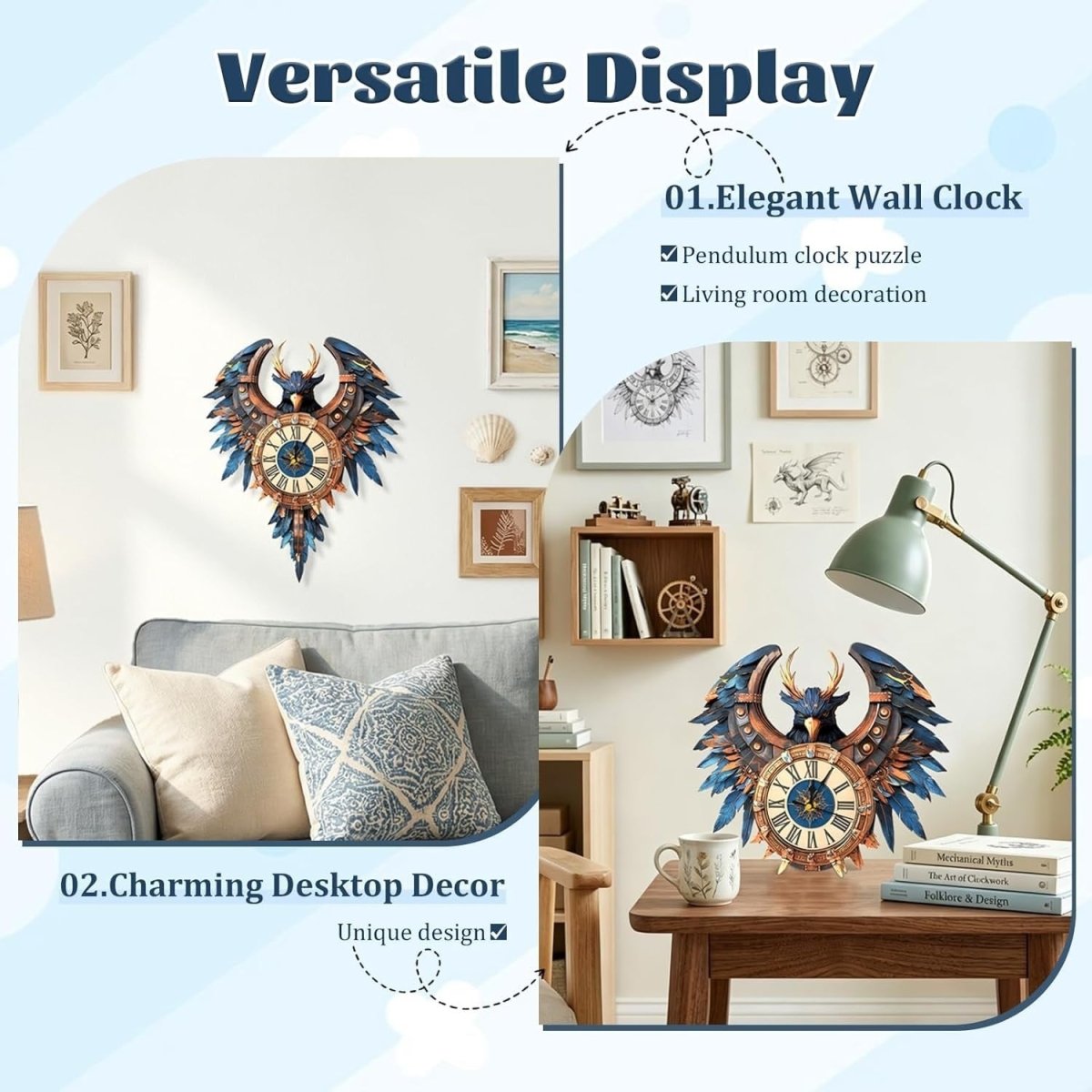 3D Thunderbird Wall Clock Puzzle Wooden Mechanical DIY Home Decor - Kwikley