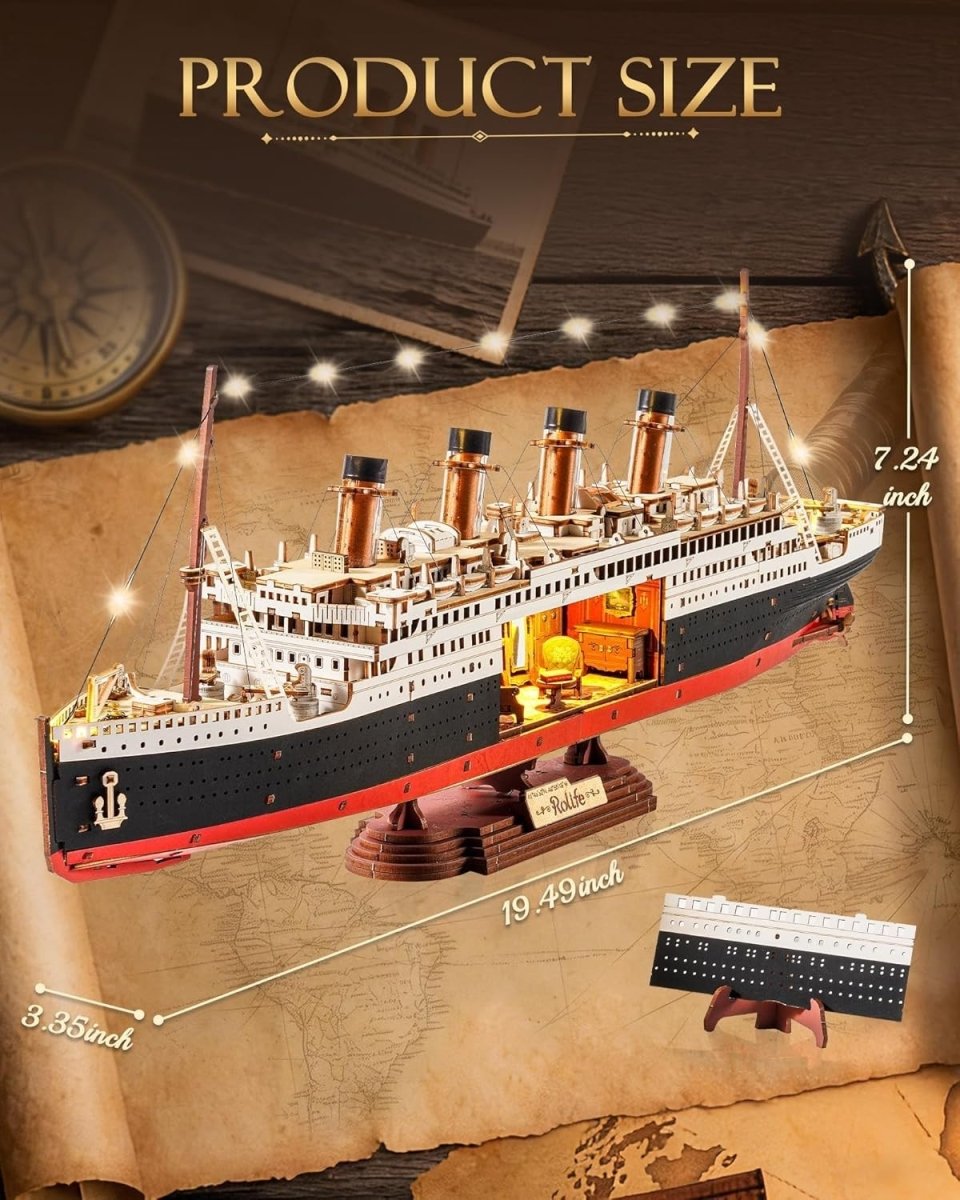 3D Titanic Ship Model Kit Wooden Puzzle LED Display Collectible - Kwikley